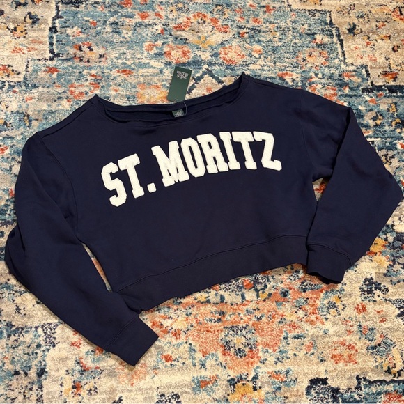 NWT Wild Fable St. Moritz Navy Off-Shoulder Sweatshirt Alpine Apres Ski Mtn New - Picture 8 of 15